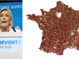 Le Pen, junto al mapa que muestra las localidades (en marrón) donde ha ganado.