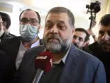 Osama Hamdan, alto cargo de Hamás habla con los medios de comunicación durante la 24ª Exposición de Medios de Irán en Teherán. Hamdan es un antiguo alto representante de Hamás en Líbano y miembro del politburó de la organización.