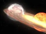 Una estrella gigante roja y una enana blanca orbitan entre sí en esta animación de una nova similar a T Coronae Borealis.