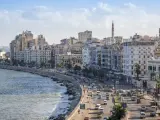 Alexandria, Egypt - November 15, 2018 : On the edge of the mediterranean sea, we find the corniche of alexandria. It is one of the main traffic corridors in the city and a wonderful walk especially at sunset. There are many hotels, restaurants and cafes along the corniche, This cosmopolitan city has unequivocally a mythical aura.