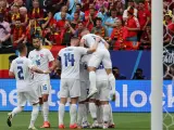 Los jugadores de Eslovaquia celebran el gol de la victoria ante Bélgica
