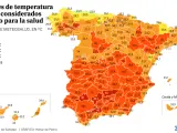 Umbrales de temperatura máxima de impacto en salud en 180 zonas de España.