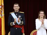MADRID, SPAIN - JUNE 19: King Felipe VI of Spain and Queen Letizia of Spain attend the Congress of Deputies for the proclamation as King of Spain to the Spanish Parliament on June 19, 2014 in Madrid, Spain. The coronation of King Felipe VI is held in Madrid. His father, the former King Juan Carlos of Spain abdicated on June 2nd after a 39 year reign. The new King is joined by his wife Queen Letizia of Spain. (Photo by Paco Campos /EFE - Pool Getty Images)