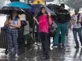 Ciudadanos caminan con paraguas bajo la lluvia este miércoles, en la ciudad de Monterrey (México).