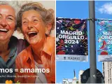 A la izquierda el cartel que reivindica a las personas mayores LGTBI en Madrid y a la izquierda el cartel festivo de ocio y diversión.