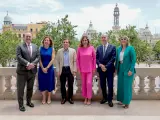 Los alcaldes de Valladolid, Zaragoza, Madrid, Valencia, Málaga y Cartagena, este miércoles, en el Ayuntamiento.