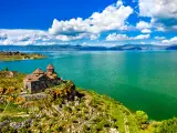 Aerial view of Hayravank monastery on the shores of lake Sevan in Armenia