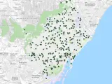 Mapa de la red de refugios climáticos de los distritos de Barcelona.