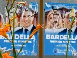 Carteles electorales de las elecciones legislativas colocados en vallas publicitarias con la imagen de Marine Le Pen y el presidente de Agrupación Nacional (RN) y candidato a primer ministro, Jordan Bardella.