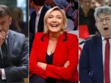 De izquierda a derecha, Emmanuel Macron, Marine Le Pen y Jean-Luc Mélenchon.