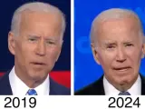 Combo de fotos de Joe Biden en 2019 y en el debate de la semana pasada.