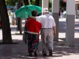 Dos personas mayores caminan bajo la sombra de un árbol,