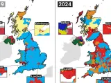 Mapa por circunscripciones de las elecciones en Reino Unido celebradas el 4 de julio de 2024.