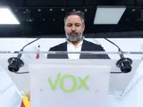 El líder de Vox, Santiago Abascal, durante una rueda de prensa posterior al Comité de Acción Política del partido, en la sede de VOX, a 8 de julio de 2024, en Madrid (España). El líder de VOX ha avisado que desde su formación considerarán rotos todos los pactos autonómicos con el PP si desde los gobiernos autonómicos en los que participan no utilizan todos los medios políticos y legales para evitar la distribución de menores migrantes. Abascal ha vinculado a los menores migrantes con el aumento de la delincuencia y ha subrayado que, si el PP y sus gobiernos autonómicos aceptan el reparto de estos menores, Vox romperá los pactos y abandonará esos ejecutivos...08 JULIO 2024;VOX;ABASCAL;PP;PACTOS;MIGRANTES..Eduardo Parra / Europa Press..08/07/2024 [[[EP]]]