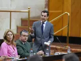 El presidente de la Junta de Andaluc&iacute;a, Juanma Moreno, en la sesi&oacute;n de control en el Parlamento.