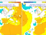 Dos mapas de la Aemet muestran la anomalía de temperaturas prevista para finales de julio y principios de agosto.