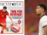 La portada del diario escocés 'The National' de este sábado; y Jude Bellingham, durante las semifinales de la Eurocopa.