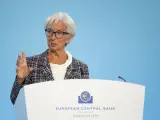 Christine Lagarde comparece ante los medios tras la reuni&oacute;n del BCE del 18 de julio.