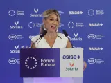 La vicepresidenta segunda y ministra de Trabajo, Yolanda Díaz, interviene en un desayuno informativo.