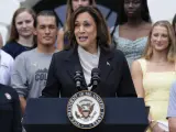 La vicepresidenta de EEUU, Kamala Harris, en su primera comparecencia tras la renuncia a la carrera presidencial de Joe Biden.