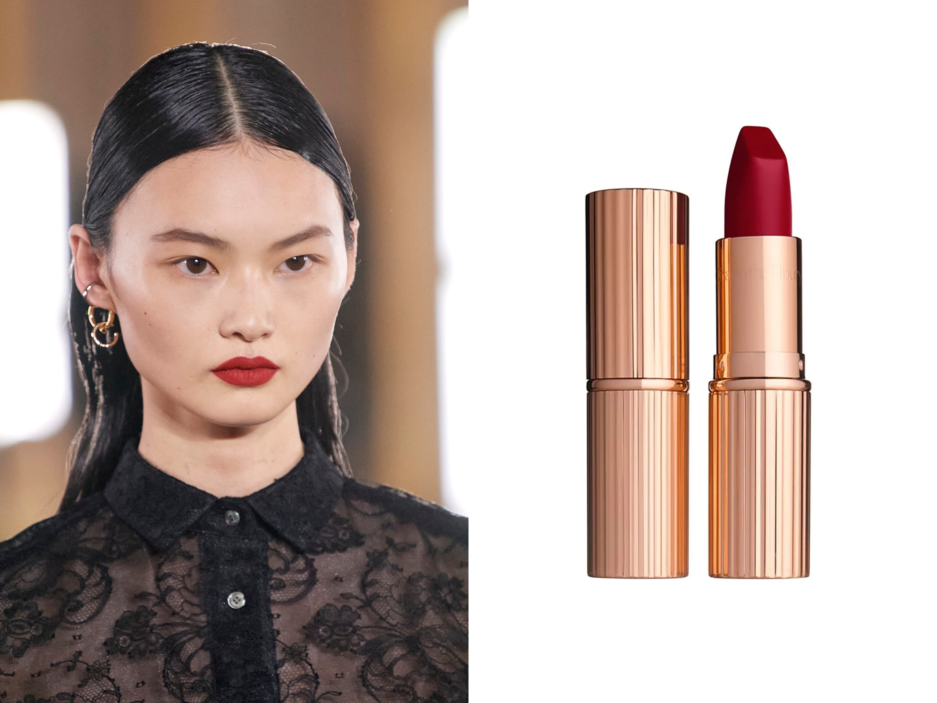 Sacai FW22 and Matte Revolution lipstick in 'Red Carpet Red' by Charlotte Tilbury